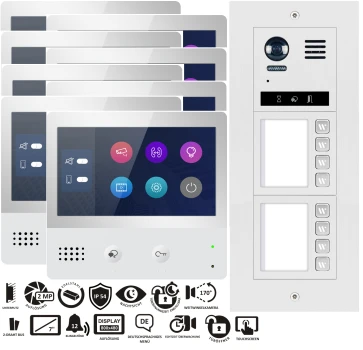 8x DT471 7" TFT FARBE LCD 800x480 Pixel Monitor mit Touchscreen +8-MFH DT821 2MP Fischaugen Weitwinkel Farbkamera Nachtsicht Unterputz Edelstahl